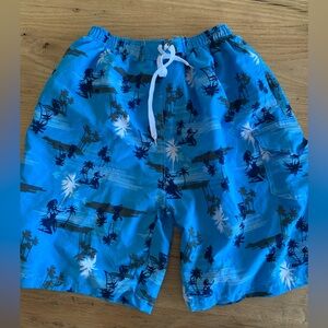 Men’s‎ Swimming Trunks Blue Tropical Print Elastic Mesh Liner Preowned